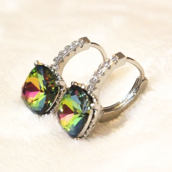 🩷Tourmaline Quartz Swarovski Iridescent Crystal Square Prism Cube Stud Earrings - Picture 1 of 6